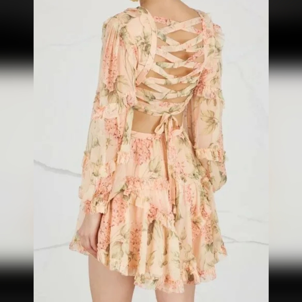 FINAL PRICE Peach Floral Print Dress XS V-Neck Long Slv Ruffly Cutout Lace Back - Picture 2 of 8